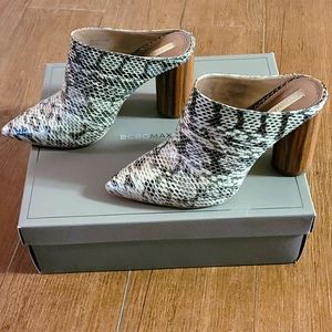BCBG Snake Mule size 9. Black, cream and tan colors.